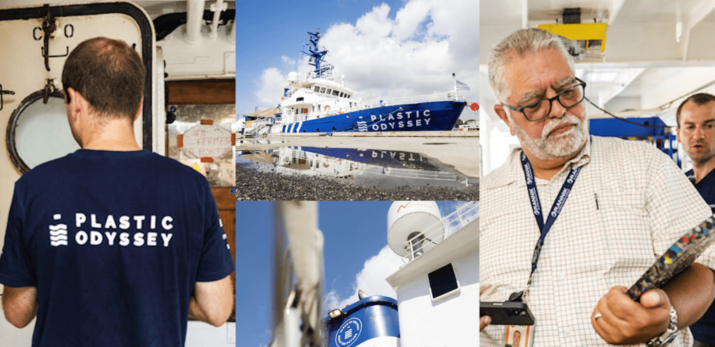 Collage showing the "Plastic Odyssey" ship, crew members and Rannik executive in action, and a close-up of ship equipment.